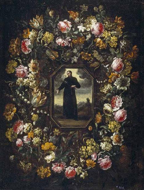 Bartolome Perez Guirnalda de flores con San Francisco de Borja Sweden oil painting art